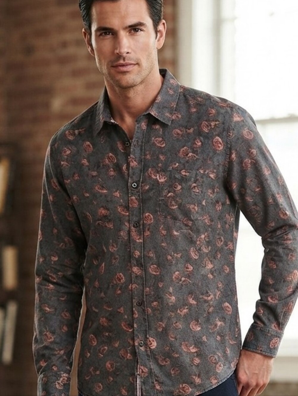 Burnside Men's Button-Down L Gray‎ All-over Rose Print